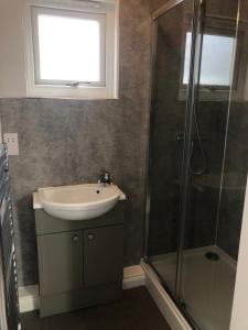 a bathroom with a sink and a shower at Seafront House, Westward Ho! in Westward Ho