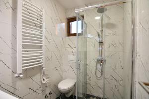 Un baño con inodoro y ducha de cristal. en Brvnara Mont 1, en Zlatibor 26 fotos más
