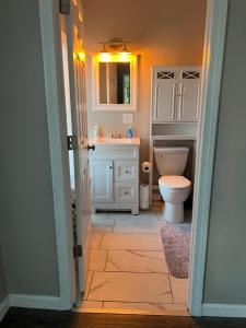 a bathroom with a toilet and a sink and a mirror at Shy’s Place Abington in Abington