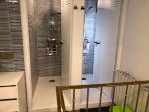a bathroom with a walk in shower next to a glass door at Luxurious 5 Bedroom Apartment in Moncloa-Aravaca in Madrid