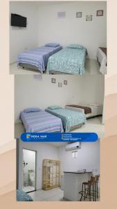 duas fotografias de duas camas num quarto em pousada beira mar suites São Bento em Maragogi