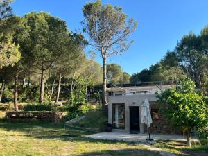 una casa en un campo con árboles en el fondo en Stone Garden, Casa en plena naturaleza en Uceda