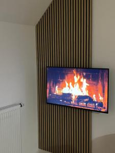 a tv hanging on a wall with a fireplace at Ferienwohnung Naturpark Schwarzwald in Löffingen