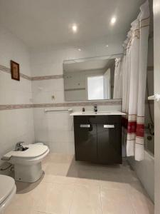 a bathroom with a toilet and a sink and a mirror at APCOSTAS Cala Gonzalez in Alcossebre