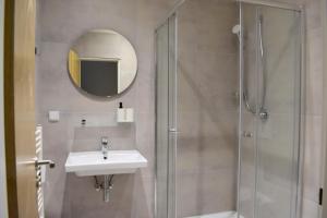 uma casa de banho com um chuveiro, um lavatório e um espelho. em Seifert Residence em Praga