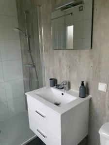 a bathroom with a white sink and a shower at Luxus Chalet Waterfront in Lathum +28 photos