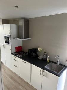 a white kitchen with a sink and a stove at Luxus Chalet Waterfront in Lathum