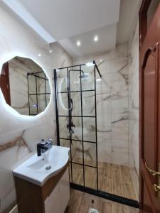 a bathroom with a sink and a mirror at Apartmani Central & Free parking in Vrnjačka Banja