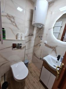 La salle de bains est pourvue de toilettes blanches et d'un lavabo. dans l'établissement Apartmani Central & Free parking, à Vrnjačka Banja