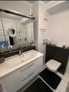 ein Badezimmer mit einem weißen Waschbecken und einem WC in der Unterkunft Harztraum-5 in Braunlage