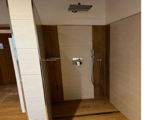 a shower in a room with a wooden door at Thallerhof in Griesstätt