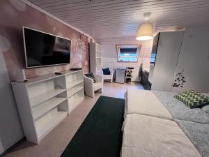 een slaapkamer met een bed en een flatscreen-tv bij Gemütlich wohnen in Messenähe, Feenzian in Friedrichshafen