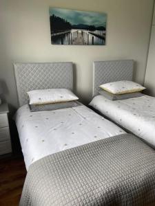 two beds sitting next to each other in a bedroom at 'Little Acre' perfect for business or pleasure in Portadown