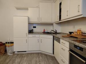 a kitchen with white cabinets and marble counter tops at Apartment am See - Borken, Hessen in Borken