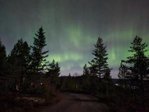 una imagen de la aurora en el cielo sobre una carretera en Ro i sjelen. Hytte til leie på Skrim. en Kongsberg