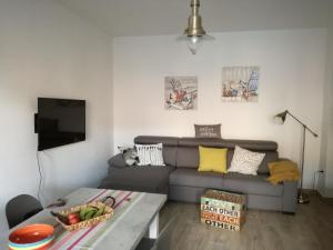 ein Wohnzimmer mit einem Sofa und einem Tisch in der Unterkunft Gemütliche neue Ferienwohnung in La Ciaccia in Codaruina