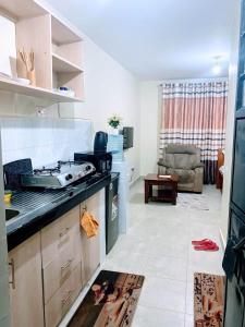 a kitchen with a stove and a living room at Eden's Studio apartment in Syokimau