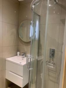 a bathroom with a shower and a sink and a mirror at Charming Home in Sevenoaks in Kent