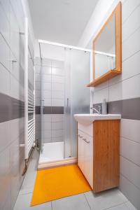 a bathroom with a sink and a shower at Hotel U Nádraží in České Budějovice