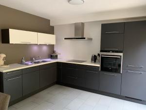 a kitchen with black cabinets and white appliances at Fully furnished house, wifi, garage 