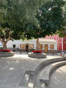 a courtyard with two trees and benches and a building at Casas La Aldea Suites Plaza in San Nicolás