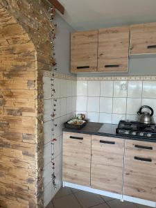 a kitchen with wooden cabinets and a stone wall at agroturystyka Pensjonat PAULA in Muszyna