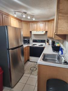 a kitchen with a stainless steel refrigerator and a sink at Modern Cozy two bedroom apartment with off-street Parking in Worcester