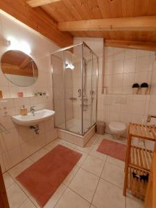 a bathroom with a shower and a sink and a toilet at Casa Cubana - Schönes und komfortables Ferienhaus am Waldrand in Lechbruck