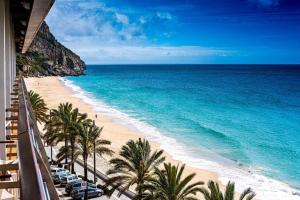 a view of a beach with palm trees and the ocean at Casa da Carrasqueira - Sesimbra in Sesimbra