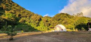 Domo Glamping Monteverde في مونتيفيردي كوستاريكا: خيمة بيضاء في حقل بجوار جبل