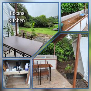 kolaż zdjęć stołu i kuchni w obiekcie Domo Glamping Monteverde w mieście Monteverde