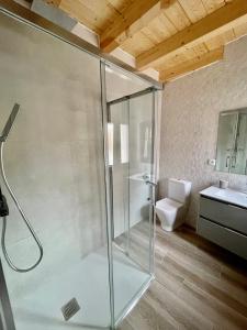 a glass shower in a bathroom with a toilet at Casa La Cantina in La Horra