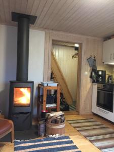 sala de estar con estufa de leña y horno en Stuga vid viltåker nära norska gränsen, en Strömstad