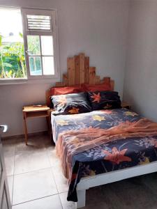 a bedroom with two beds and a table and a window at Villa SUNESIS Lamentin in Lamentin