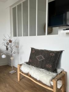 a couch with a pillow and a tv in a room at Casa Nomad - appartement cozy les pieds dans l'eau in Ploemeur