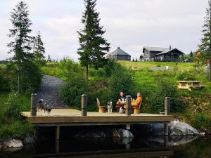 Blåfjell hundesenter fjellhotell في موسجوين: مجموعة من الناس جالسين على جسر خشبي