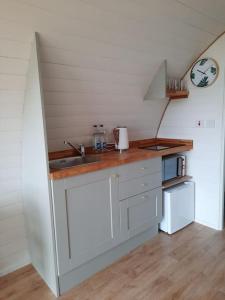 uma pequena cozinha com um lavatório e um balcão em Handa pod in scottish highlands. em Scourie