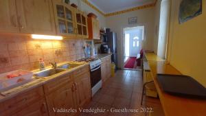 a kitchen with a sink and a stove top oven at Vadászles Vendégház in Bükkszentmárton