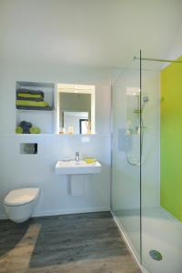 a bathroom with a toilet and a sink and a shower at Skye Eyrie in Staffin