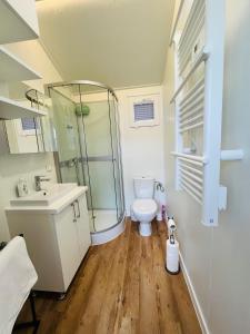 een badkamer met een toilet, een douche en een wastafel bij Słoneczny Pagórek in Giżycko