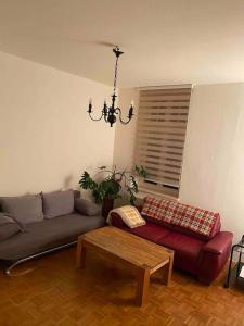 ein Wohnzimmer mit einem Sofa und einem Couchtisch in der Unterkunft Schöne Altbauwohnung mit Grün in ruhiger Lage in Leipzig