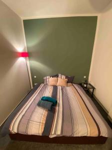 ein Bett in einem Schlafzimmer mit einer grünen Wand in der Unterkunft Schöne Altbauwohnung mit Grün in ruhiger Lage in Leipzig
