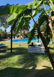 two people sitting on a bench in front of a pool at La Posada del Minero in Minas de Corrales