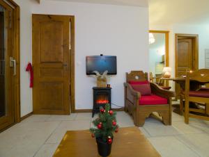 a living room with a christmas tree and a television at Happy Moose - Cosy Mont Blanc View apartment in Chamonix-Mont-Blanc