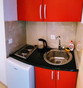 una pequeña cocina con fregadero y armarios rojos en Villa Alba Apartments, en Dobra Voda
