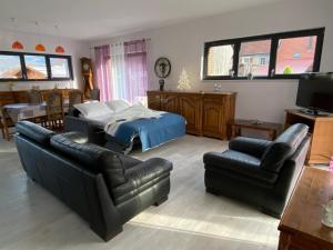 uma sala de estar com uma cama e mobiliário de couro em Chez Nono em Mitzach