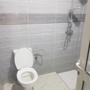 a bathroom with a toilet and a shower at Hotel camping amtoudi in Id AÃ¯ssa