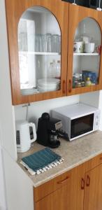 a kitchen counter with a microwave and a coffee maker at Forest gate Vendégház in Mátraszentimre