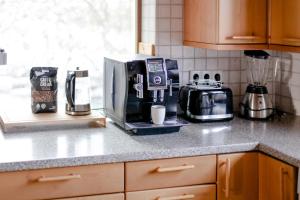 - un comptoir de cuisine avec une cafetière et un four micro-ondes dans l'établissement 5-Zimmer-Ferienhaus Yokulca, à Dobel