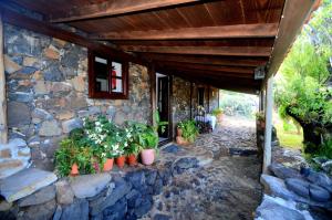 uma casa de pedra com vasos de plantas ao lado em La Herbilla em Garafía